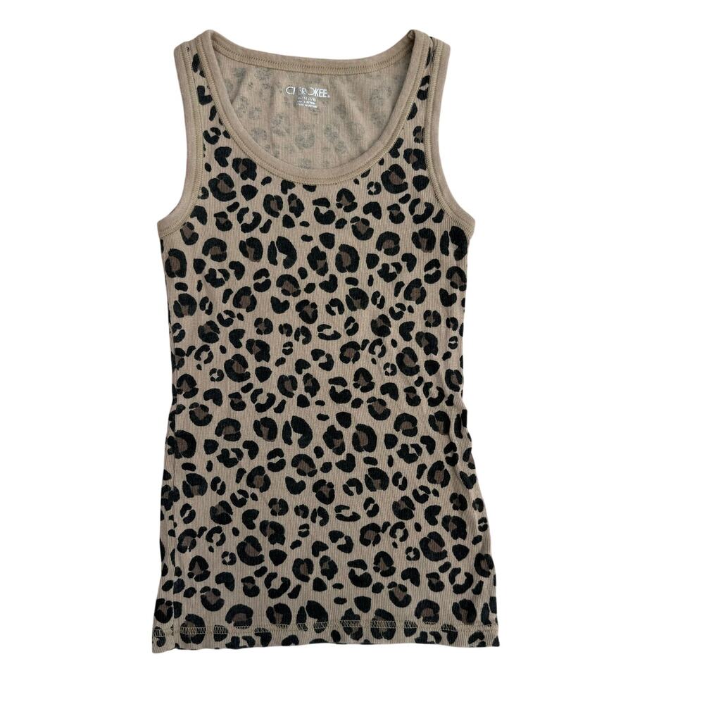 Cherokee Girls Leopard Print Ribbed Tank Top Brown Beige Size Medium 7/8